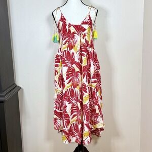 Womens Tropical A-Line Midi Dress S Red Gold Yellow Palm Print Pockets Resort